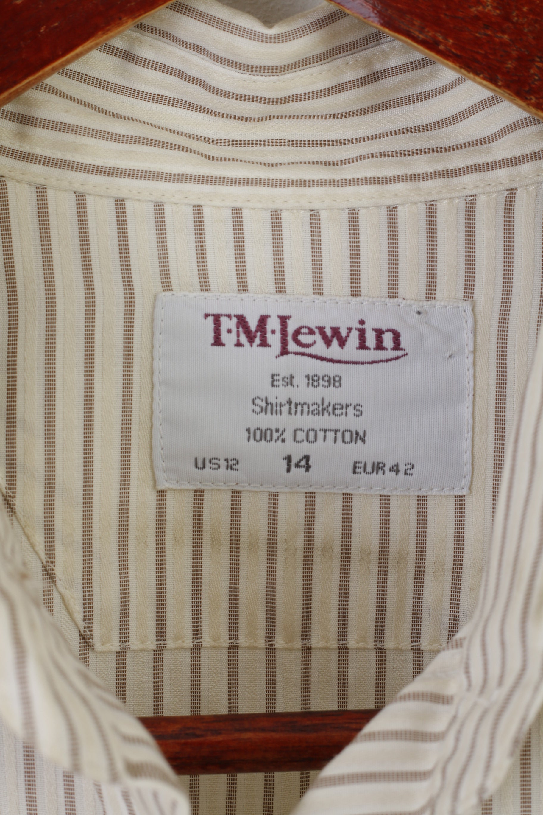 T.M. Lewin Women 14 M Casual Shirt Beige Cotton Shiny Striped Long Sleeve Top