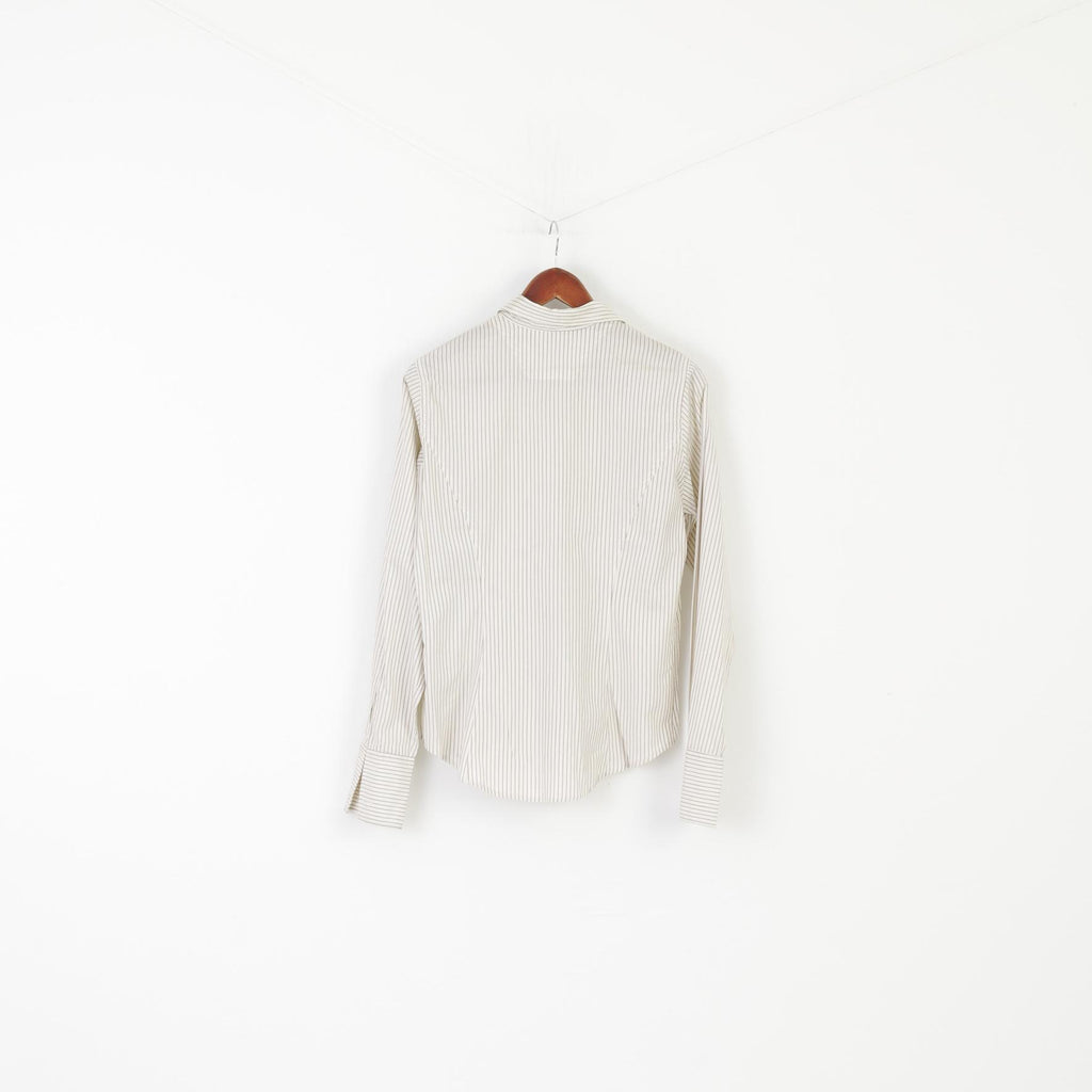 TM Lewin Femme 14 M Chemise décontractée Beige Coton Rayé Brillant Haut à Manches Longues