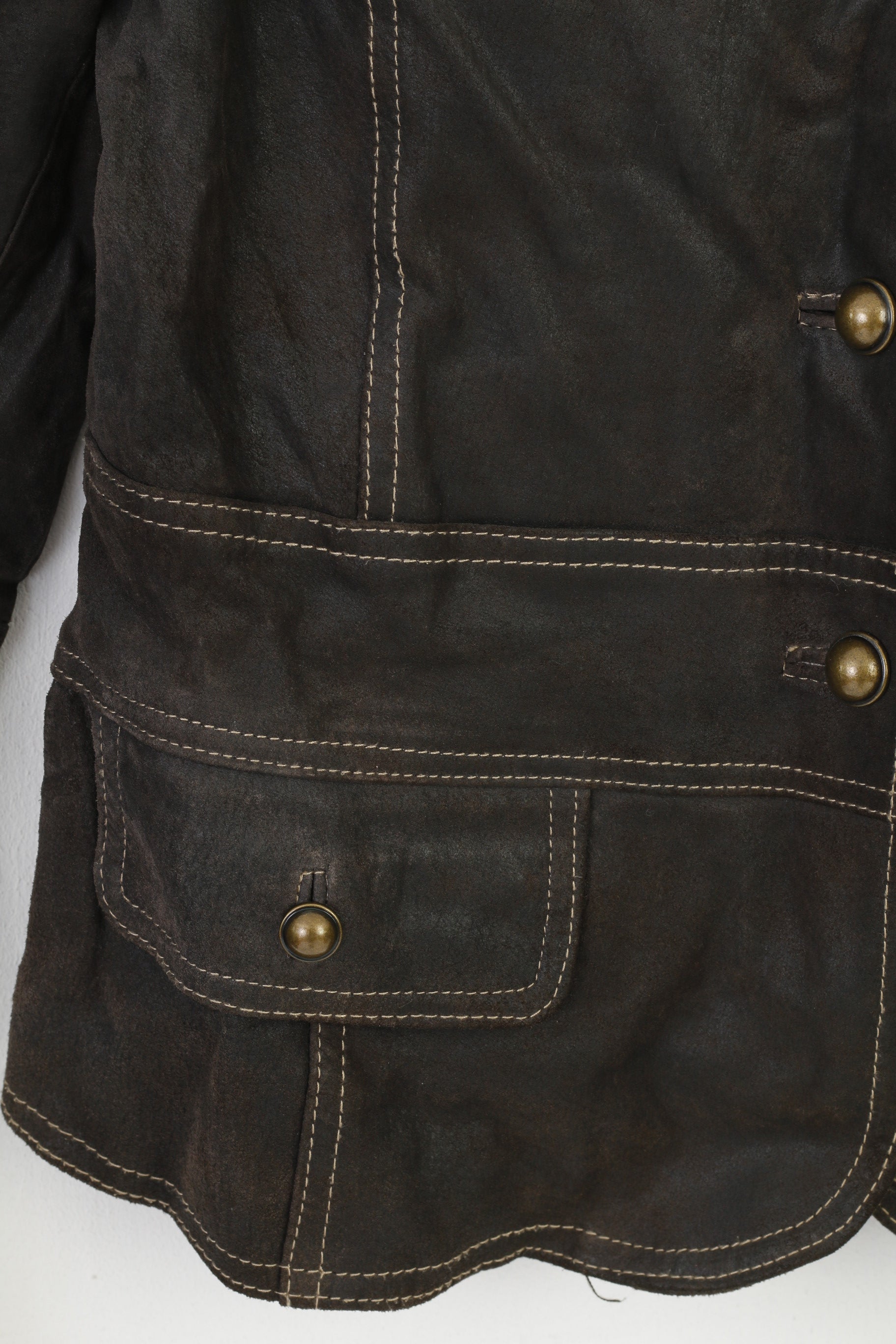 Yoors Women M Leather Jacket Gold Buttons Brown Suede Vintage Top