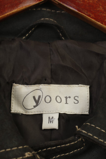 Yoors Women M Leather Jacket Gold Buttons Brown Suede Vintage Top