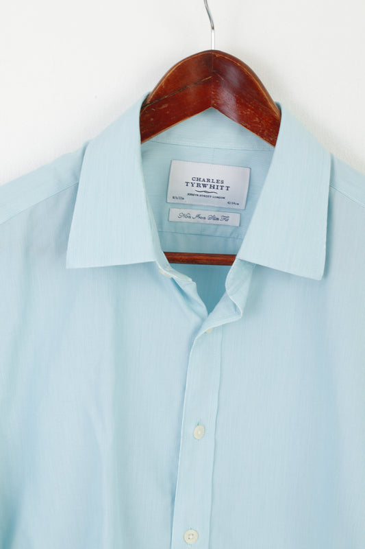 Charles Tyrwhitt Men 16.5 33 L Casual Shirt Turqouise Cotton Non Iron Long Sleeve Top