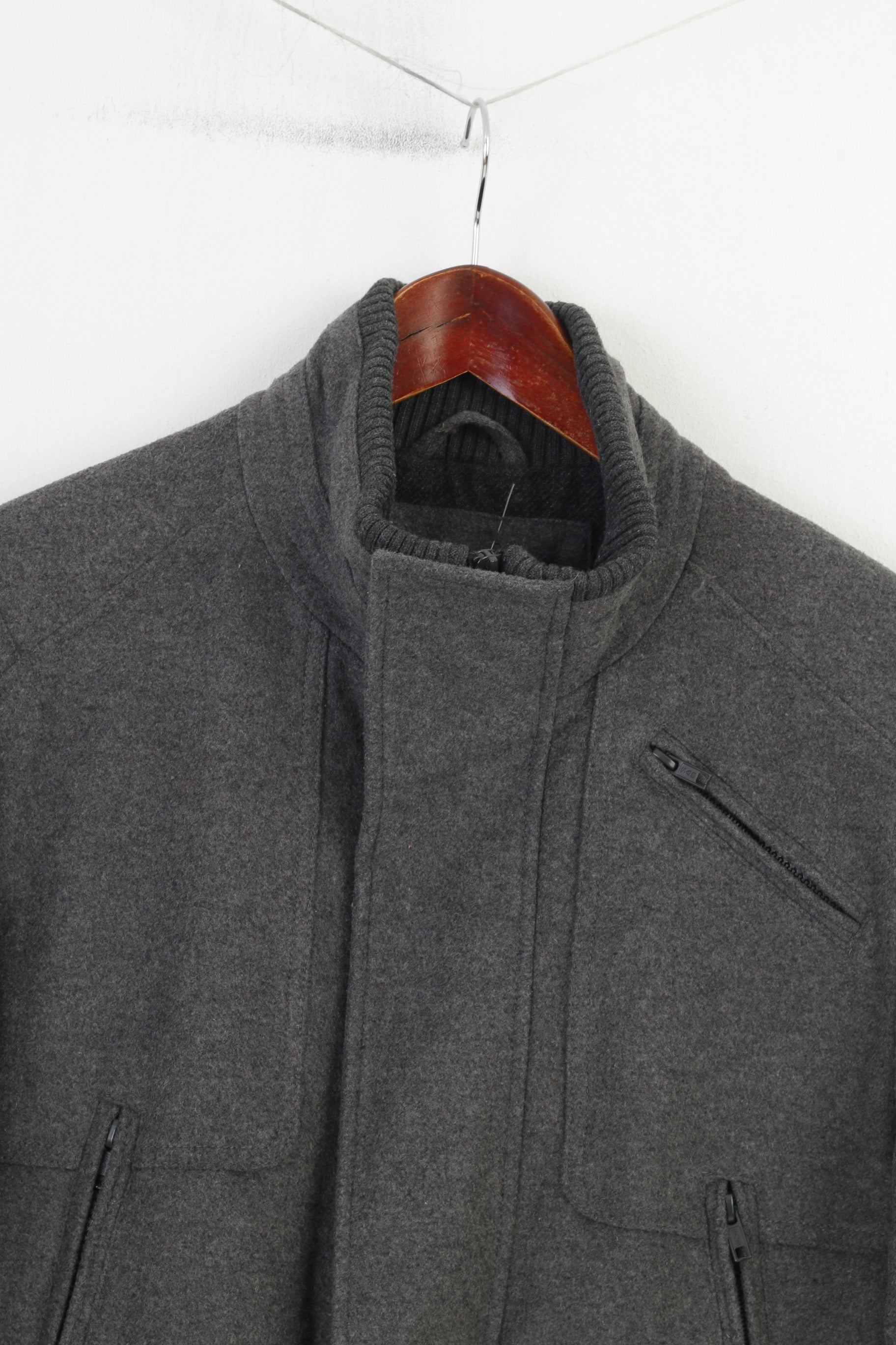 Next Men M Coat Grey Signature Full Zipper Vintage Padded Wool Jacket Pockets Top