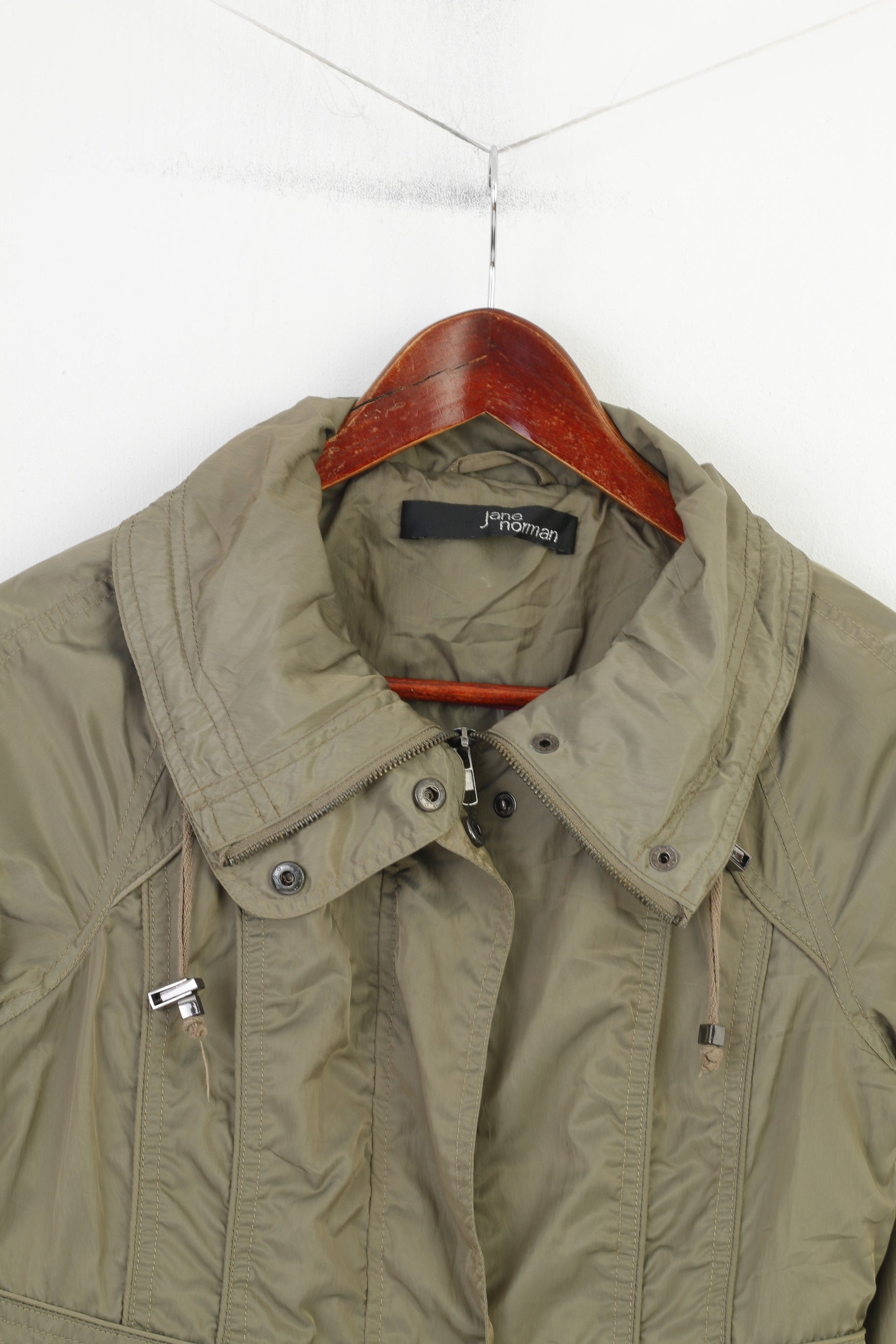Jane Norman Women 10 S Jacket Lightweight Long Khaki Shiny Zip Up Vintage  Top