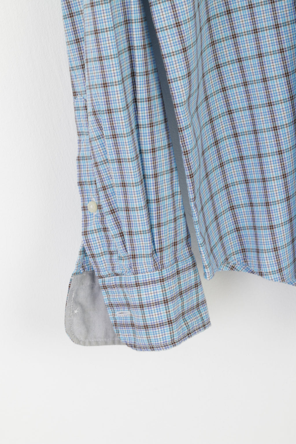 Superbadshirt Men M Casual Shirt Blue Vintage Checkered Cotton Long Sleeve Top