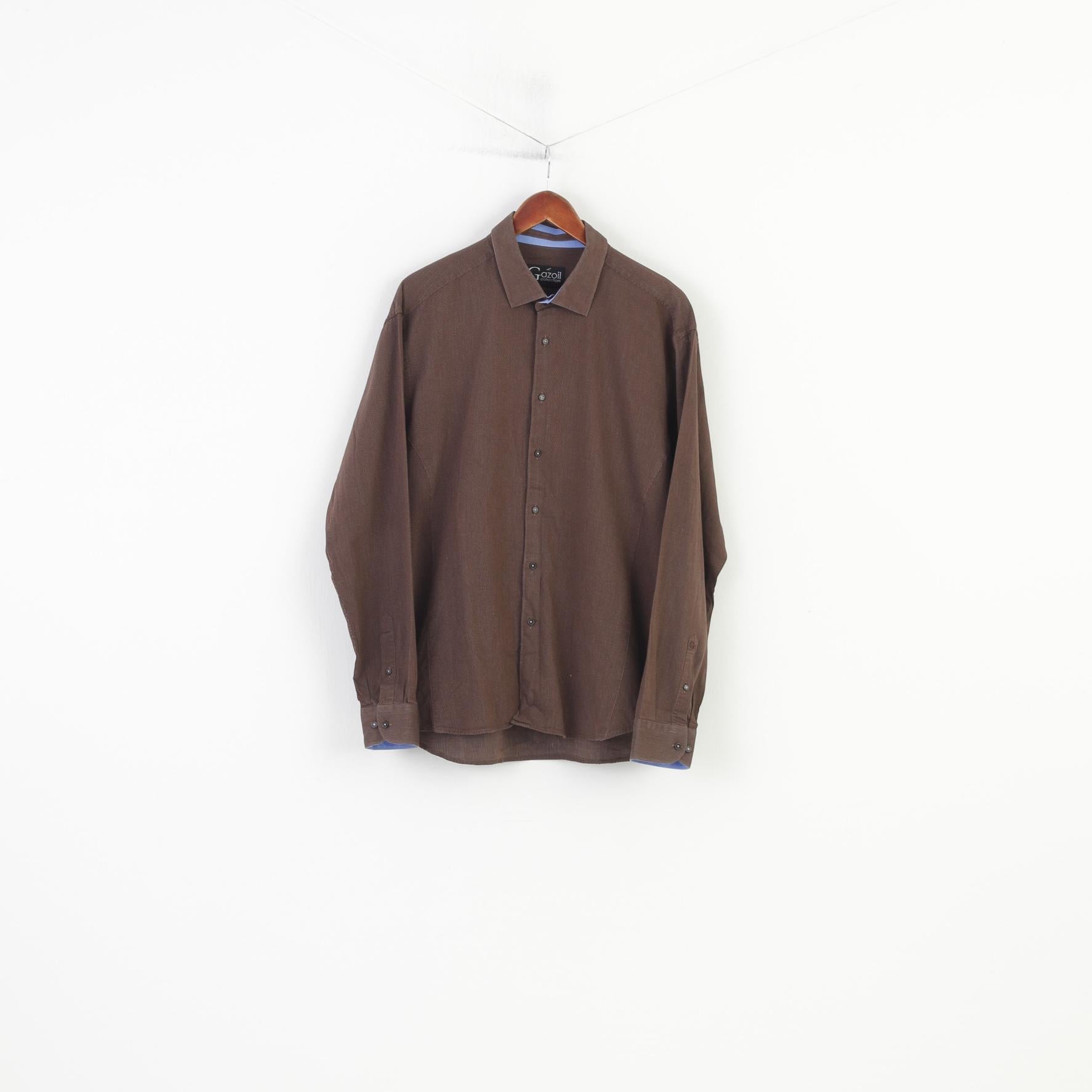 Gazoil Collection Men L Casual Shirt Brown Micro Checkered Long Sleeve  Cotton Classic Vintage Top