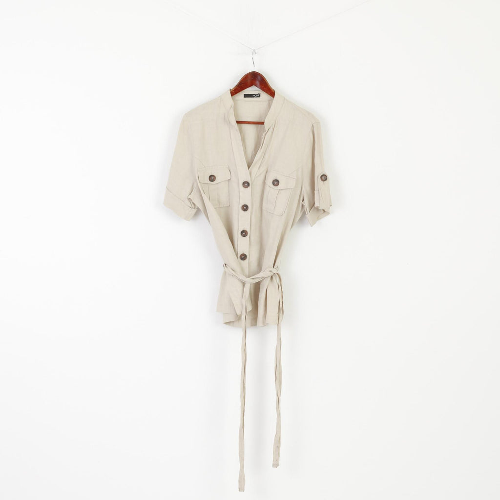 George MODA Women 18 46 XL Casual Shirt Beige 100% Linen Blouse Belted Tunic