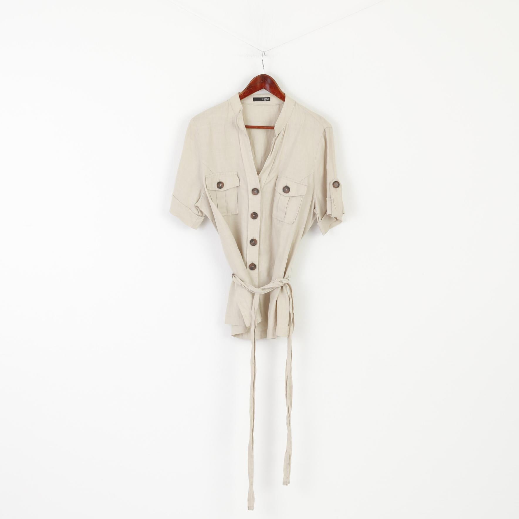 George MODA Women 18 46 XL Casual Shirt Beige 100% Linen Blouse Belted Tunic