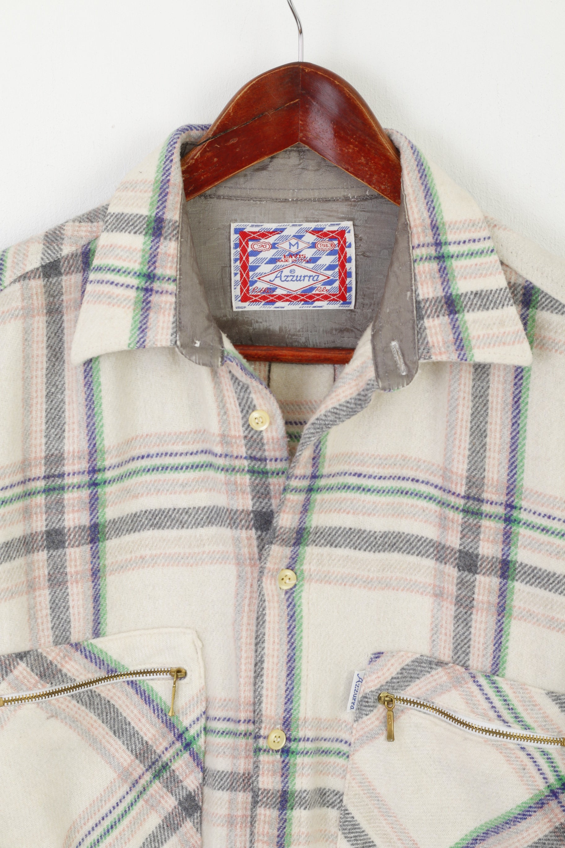 Azzurra Men M Casual Shirt Cream Vintage Warm Checkered Wool Blend Italy Long Sleeve