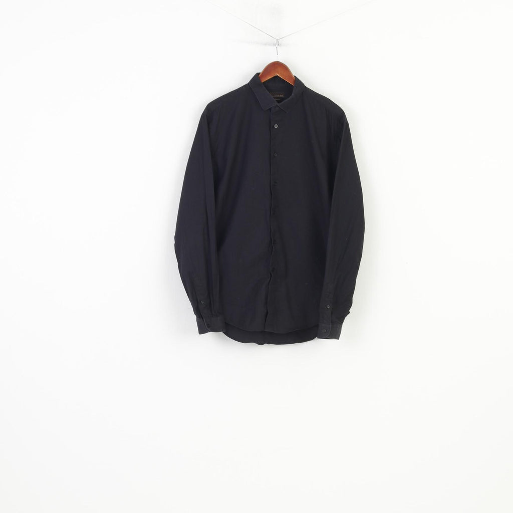 Zara  Men XL Casual Shirt Black Cotton Slim Fit Long Sleeve Top