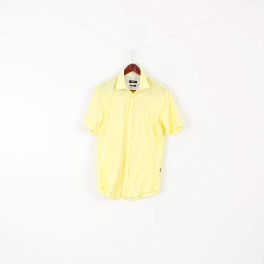 Hugo Boss Men M Casual Shirt Yellow Cotton Slim Fit Short Sleeve Classic Top