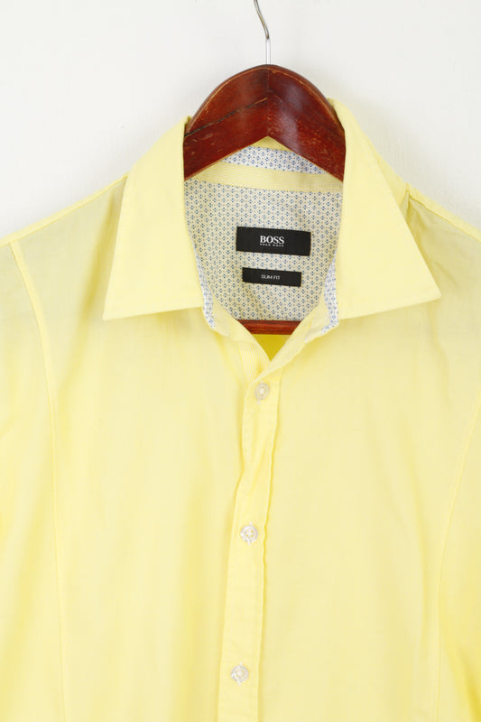 Hugo Boss Men M Casual Shirt Yellow Cotton Slim Fit Short Sleeve Classic Top
