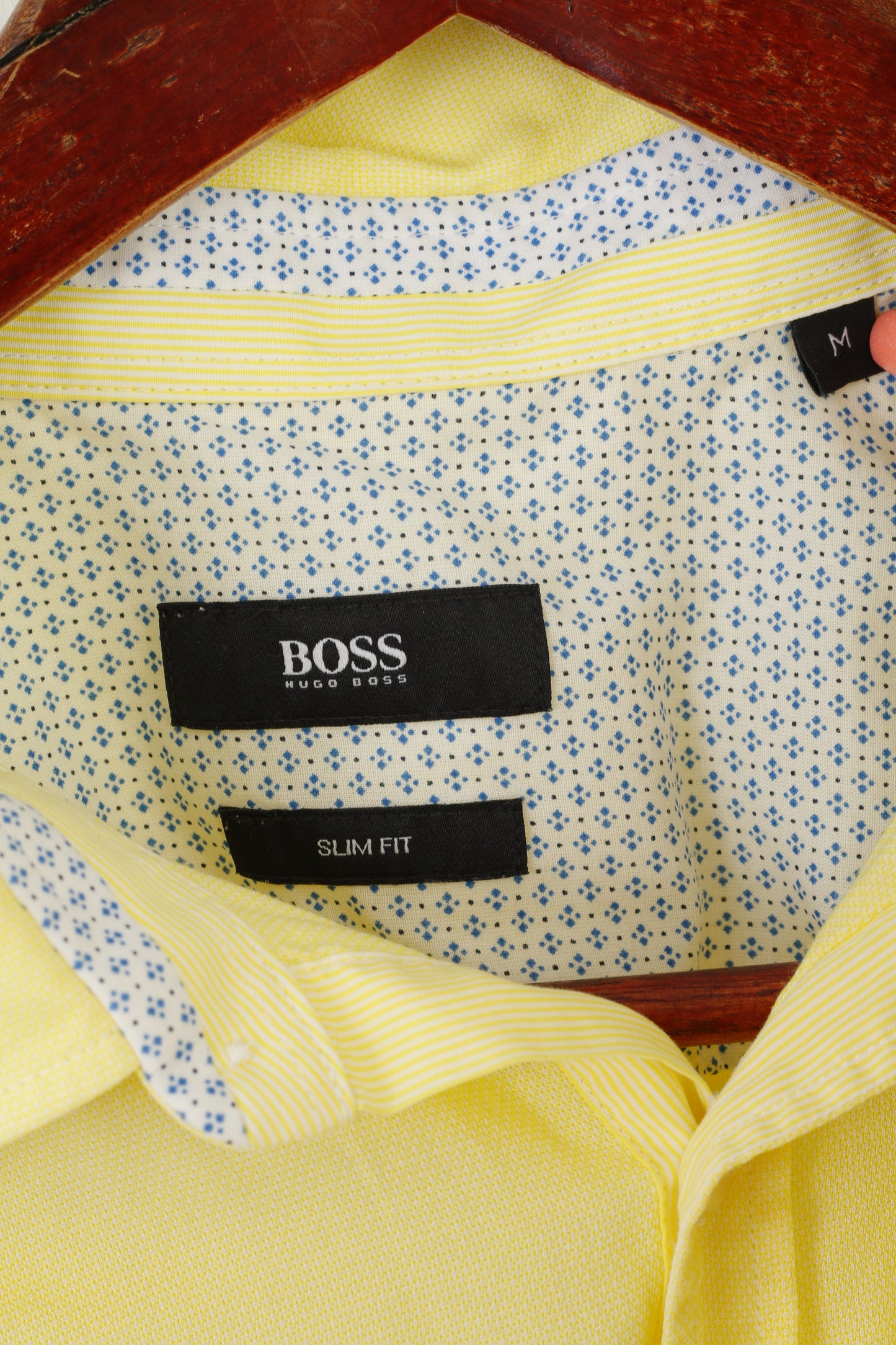 Hugo Boss Men M Casual Shirt Yellow Cotton Slim Fit Short Sleeve Classic Top