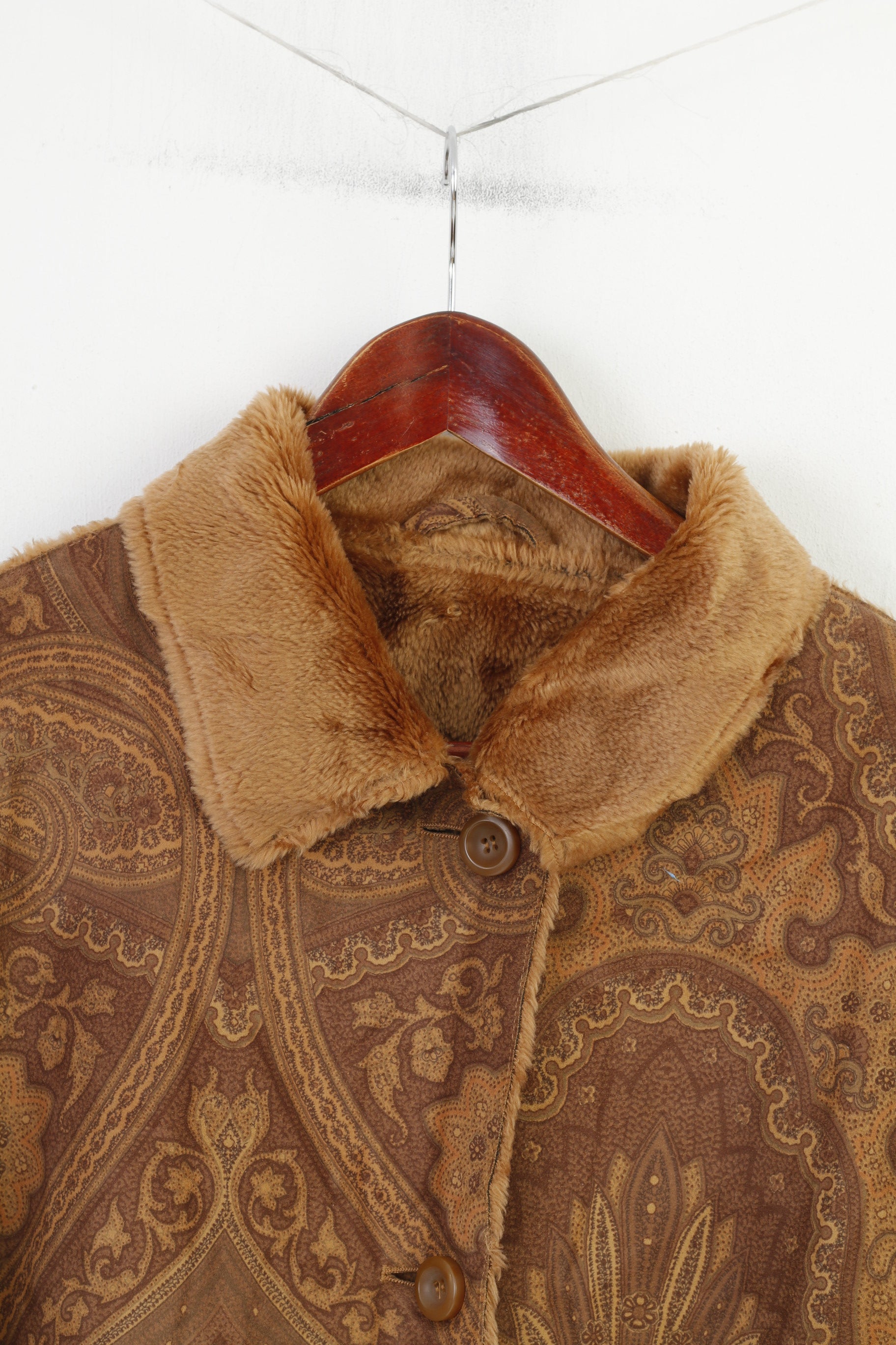 Gelco Women 16 44 XL Jacket Brown Boho Single Breasted Fur Collar Warm  Abstract Print  Vintage Top