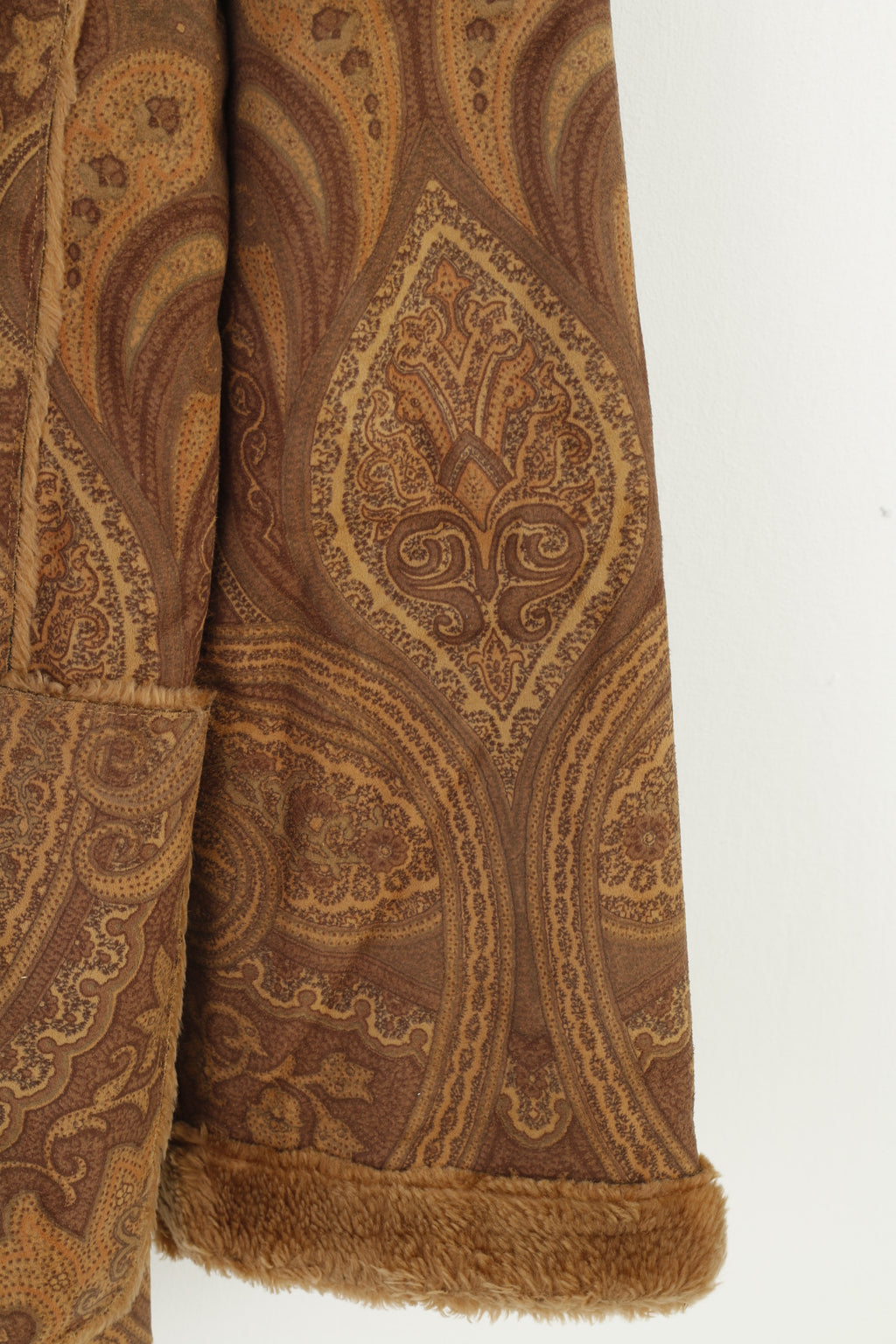 Gelco Women 16 44 XL Jacket Brown Boho Single Breasted Fur Collar Warm  Abstract Print  Vintage Top