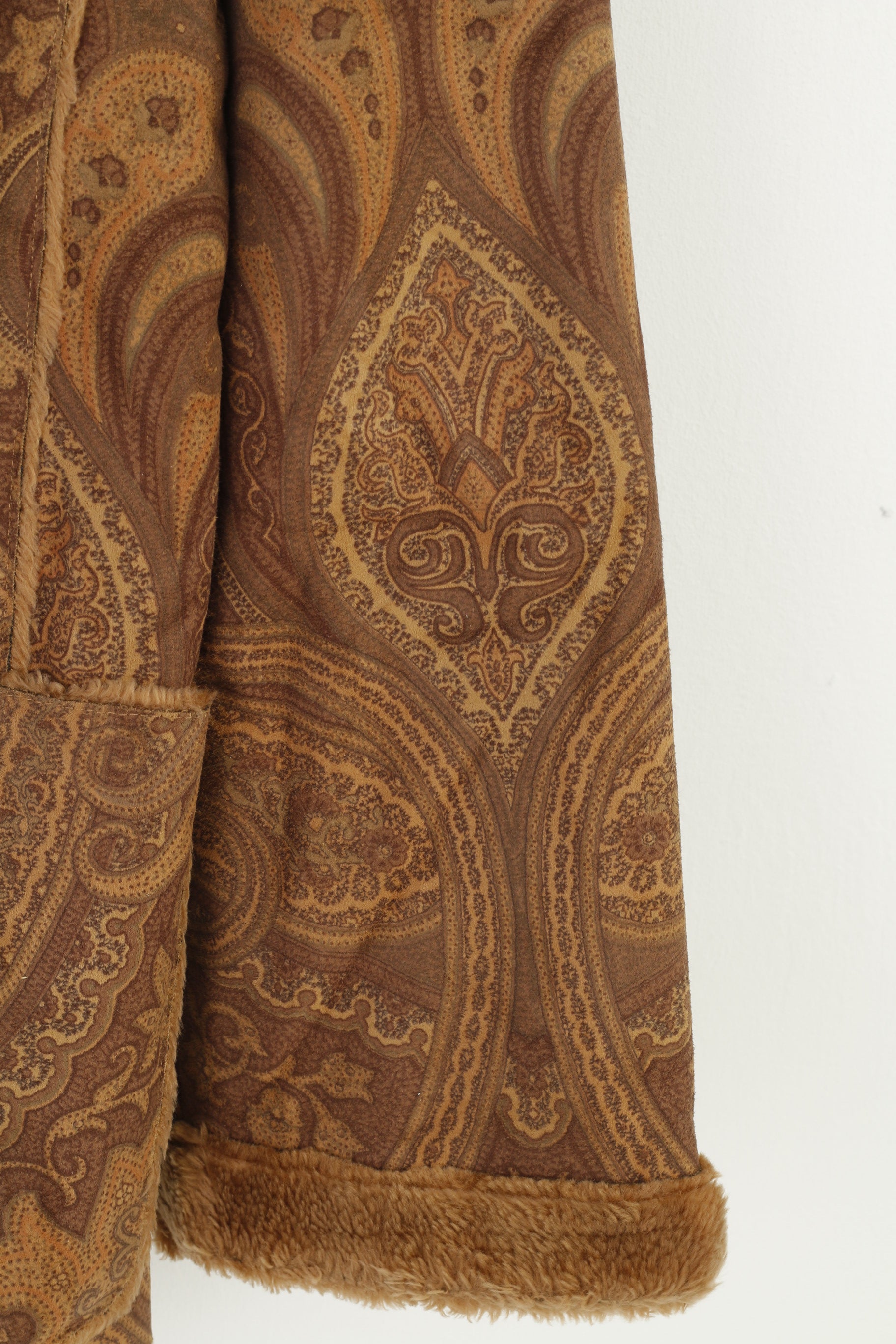 Gelco Women 16 44 XL Jacket Brown Boho Single Breasted Fur Collar Warm  Abstract Print  Vintage Top