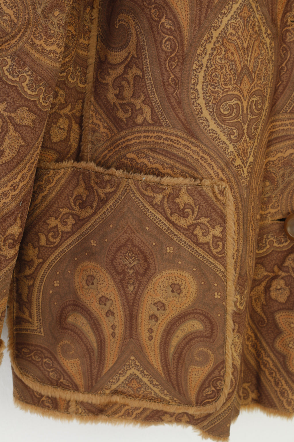 Gelco Women 16 44 XL Jacket Brown Boho Single Breasted Fur Collar Warm  Abstract Print  Vintage Top