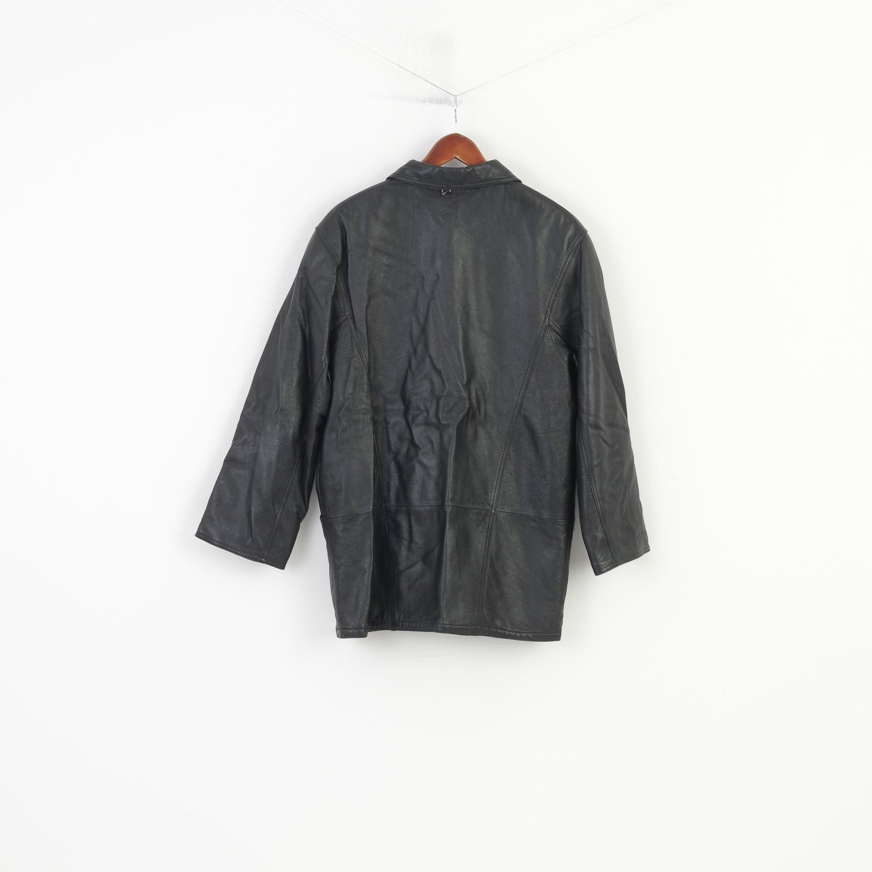 Alta Moda Femmes XL Veste En Cuir Noir Simple Boutonnage Peau Douce Rétro Italie Haut