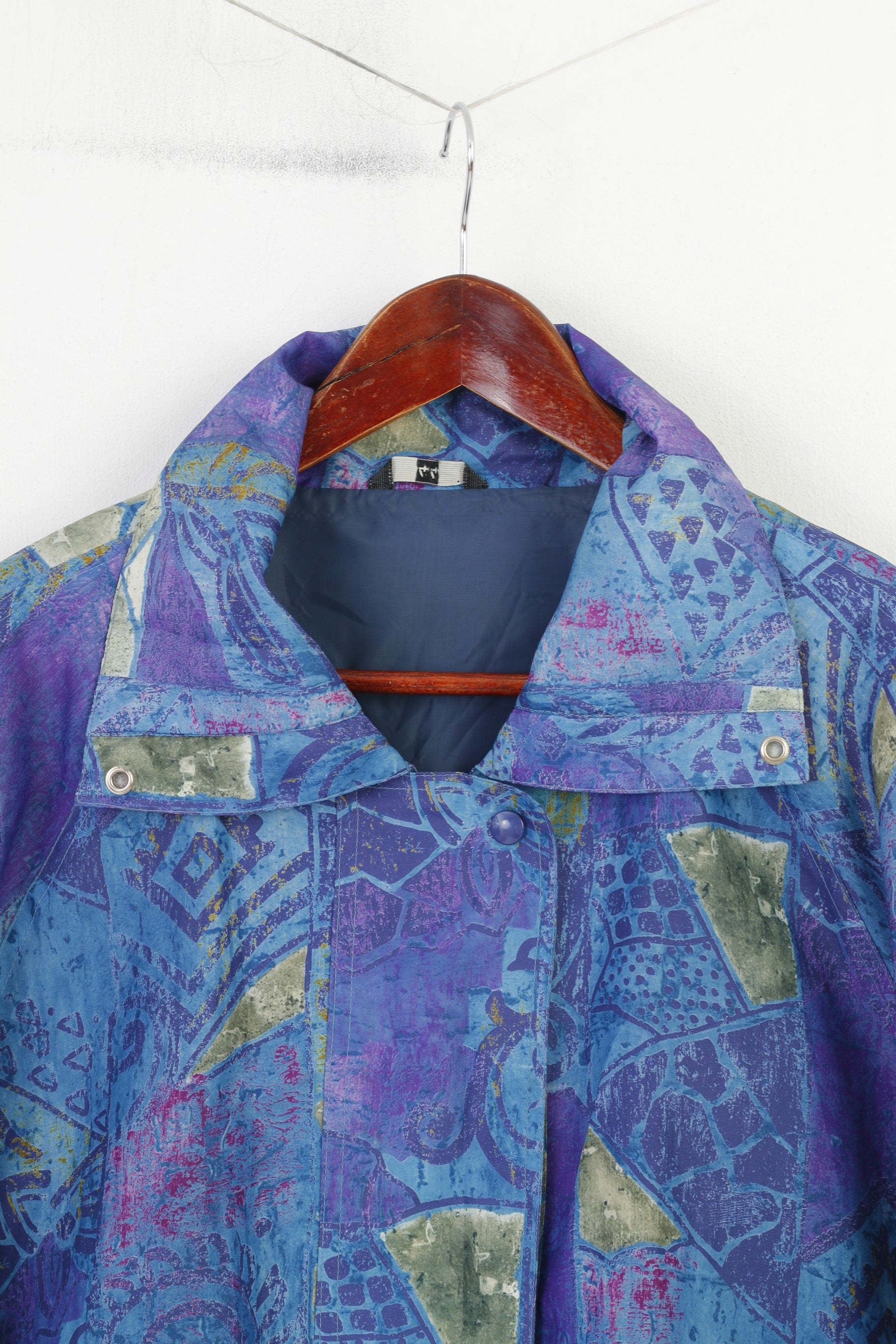 Vintage Women 44 XL Jacket Blue Retro Abstract Print Full Zipper Outdoor Collar Pockets Top