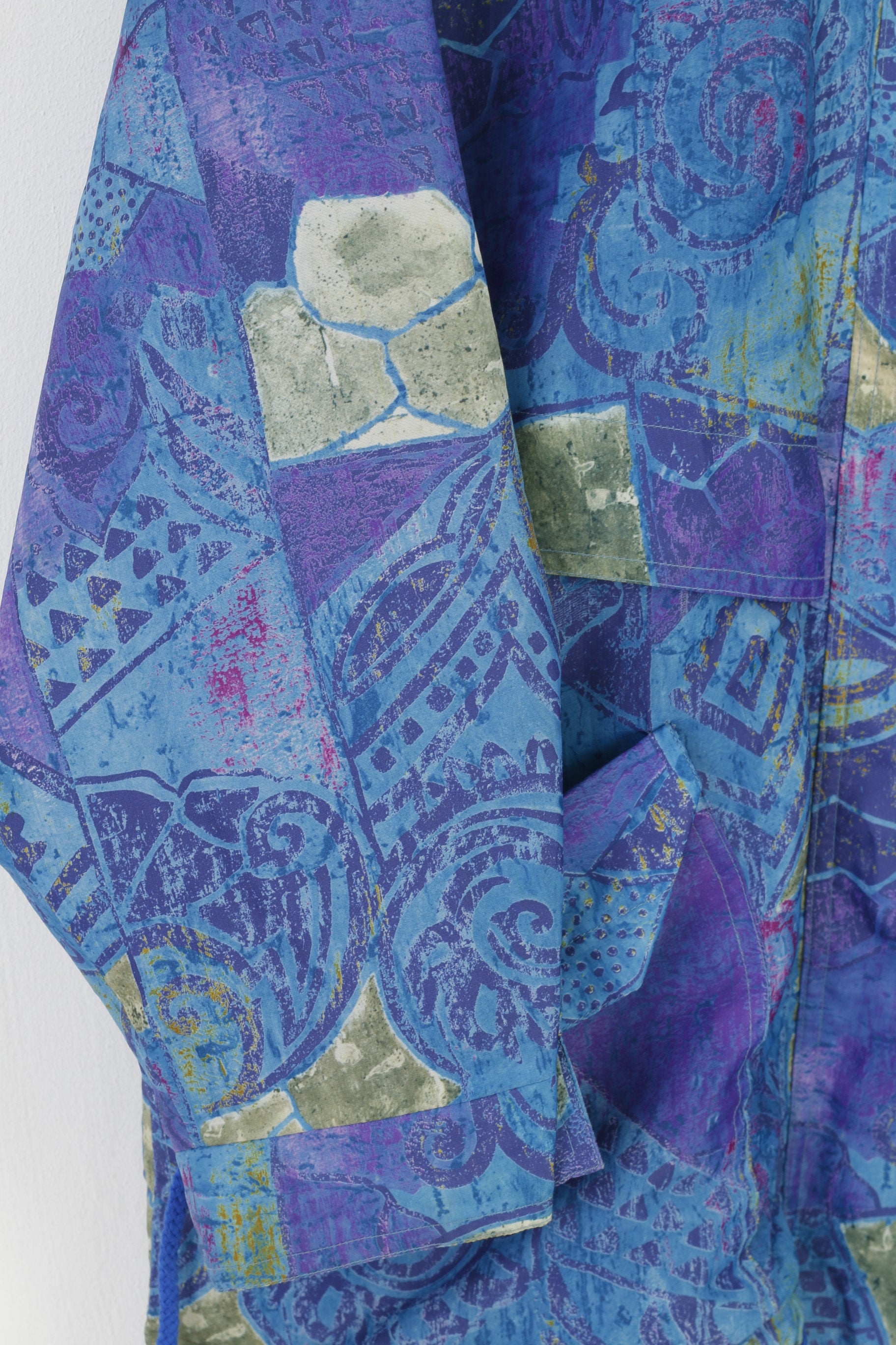 Vintage Women 44 XL Jacket Blue Retro Abstract Print Full Zipper Outdoor Collar Pockets Top