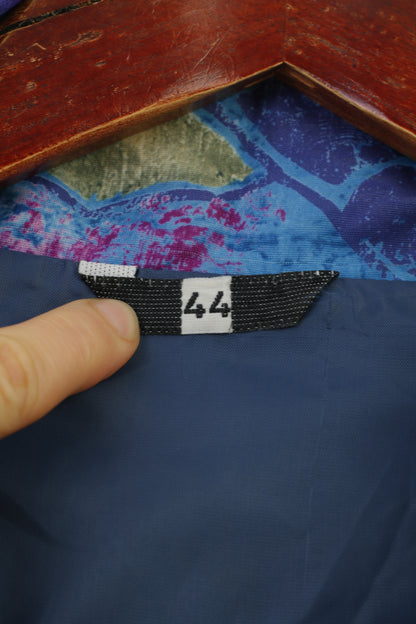 Giacca vintage da donna 44 XL Blu con stampa astratta retrò, cerniera completa, tasche sul colletto esterno