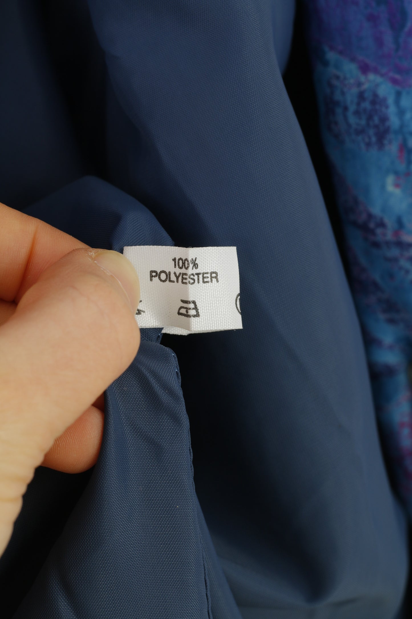 Giacca vintage da donna 44 XL Blu con stampa astratta retrò, cerniera completa, tasche sul colletto esterno