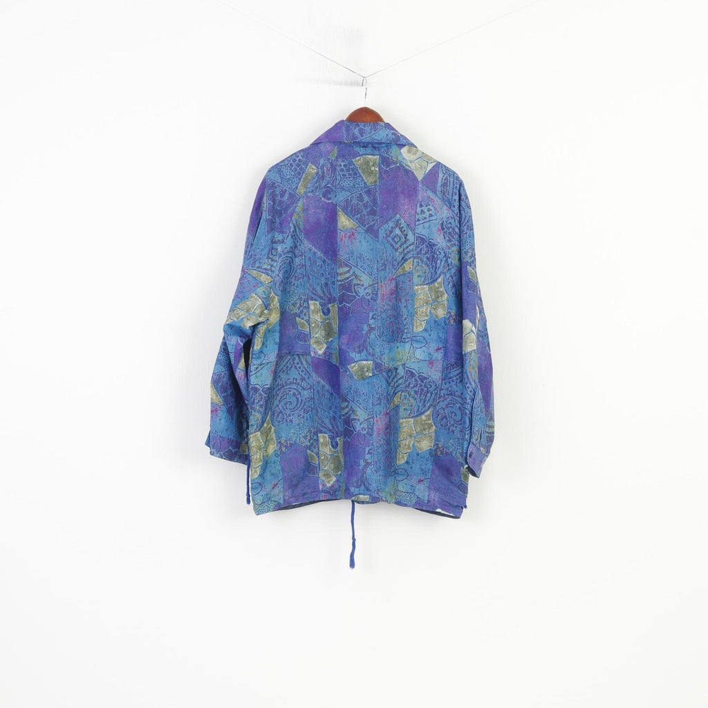 Vintage Women 44 XL Jacket Blue Retro Abstract Print Full Zipper Outdoor Collar Pockets Top