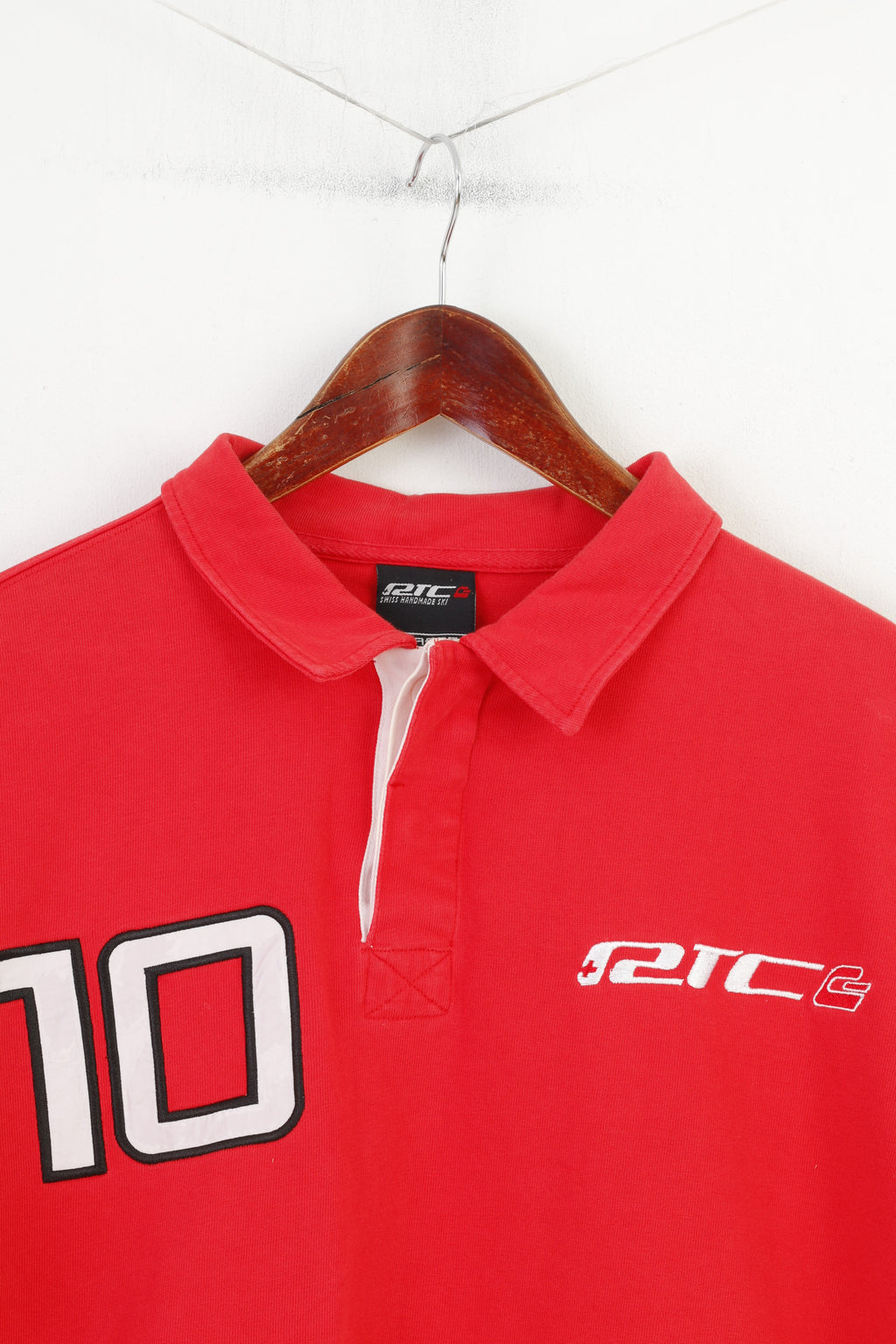 Polo XL da uomo da sci fatta a mano svizzera RTC, colletto rosso, maniche corte, bottoni, top vintage n. 10 dettagliato