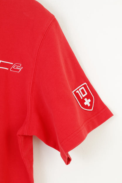 Polo XL da uomo da sci fatta a mano svizzera RTC, colletto rosso, maniche corte, bottoni, top vintage n. 10 dettagliato