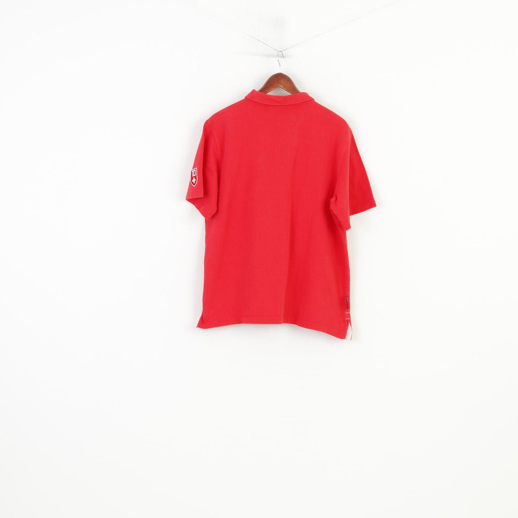 Polo XL da uomo da sci fatta a mano svizzera RTC, colletto rosso, maniche corte, bottoni, top vintage n. 10 dettagliato