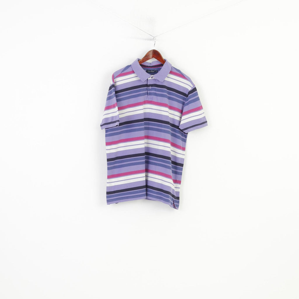 James Pringle Men XL Polo Shirt Purple Striped Cotton Classic Collar Short Sleeve Top