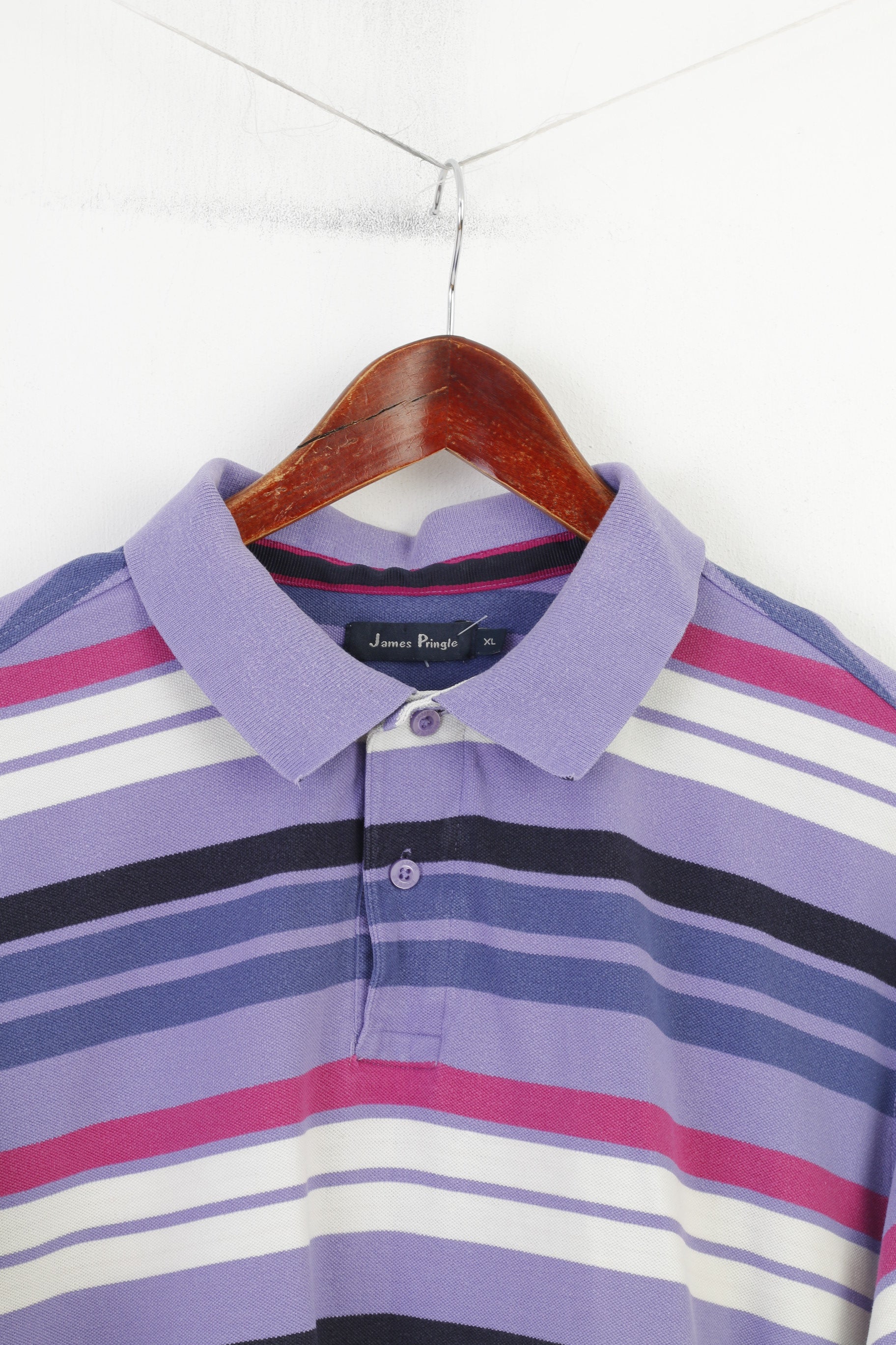 James Pringle Men XL Polo Shirt Purple Striped Cotton Classic Collar Short Sleeve Top