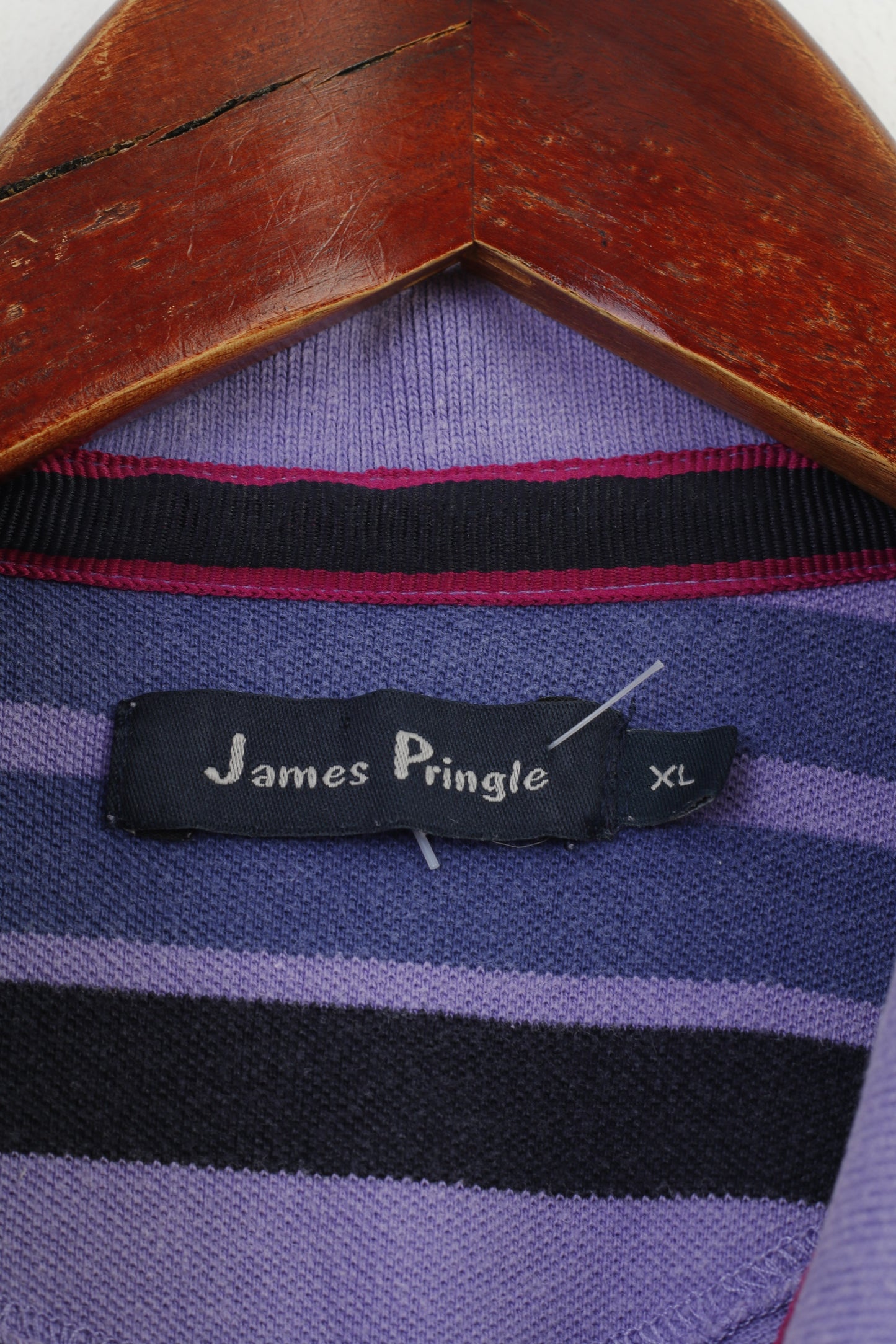 James Pringle Men XL Polo Shirt Purple Striped Cotton Classic Collar Short Sleeve Top