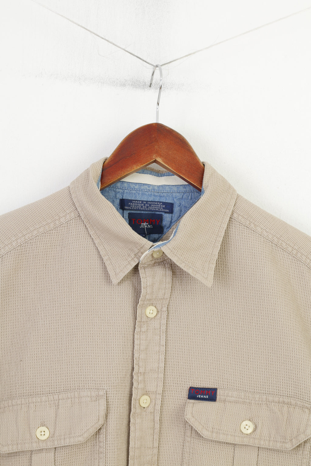 Tommy Jeans Men M Casual Shirt Beige Cotton Vintage '90  Long Sleeve Classic Top
