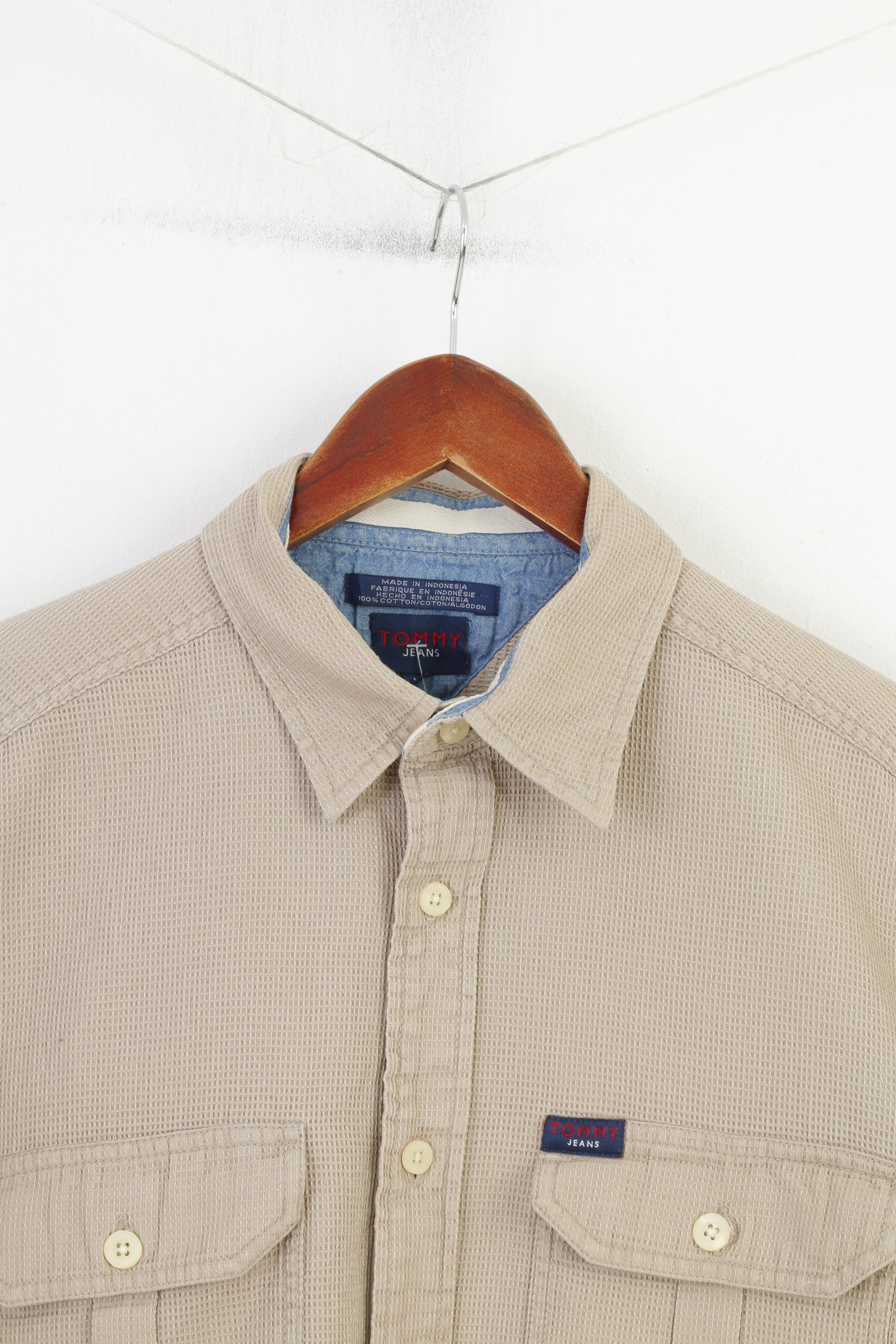 Tommy Jeans Men M Casual Shirt Beige Cotton Vintage '90  Long Sleeve Classic Top