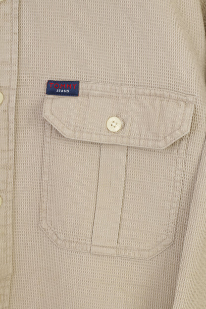 Tommy Jeans Men M Casual Shirt Beige Cotton Vintage '90  Long Sleeve Classic Top