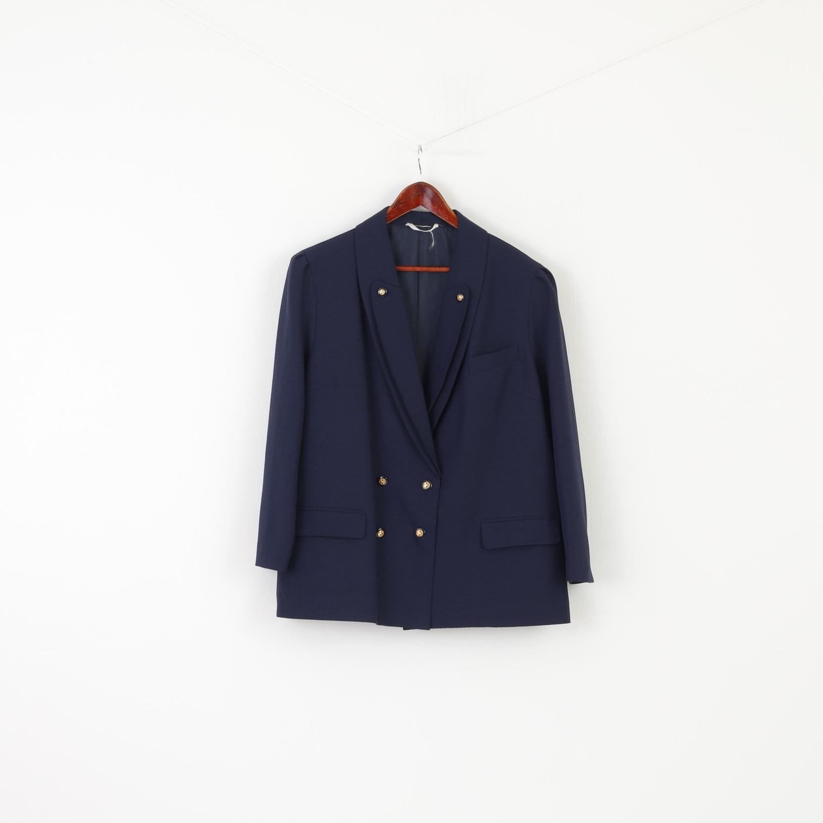 Vintage Women 20 48 XXL Skirt Suit Navy Shiny Gold Buttons Blazer Work Set