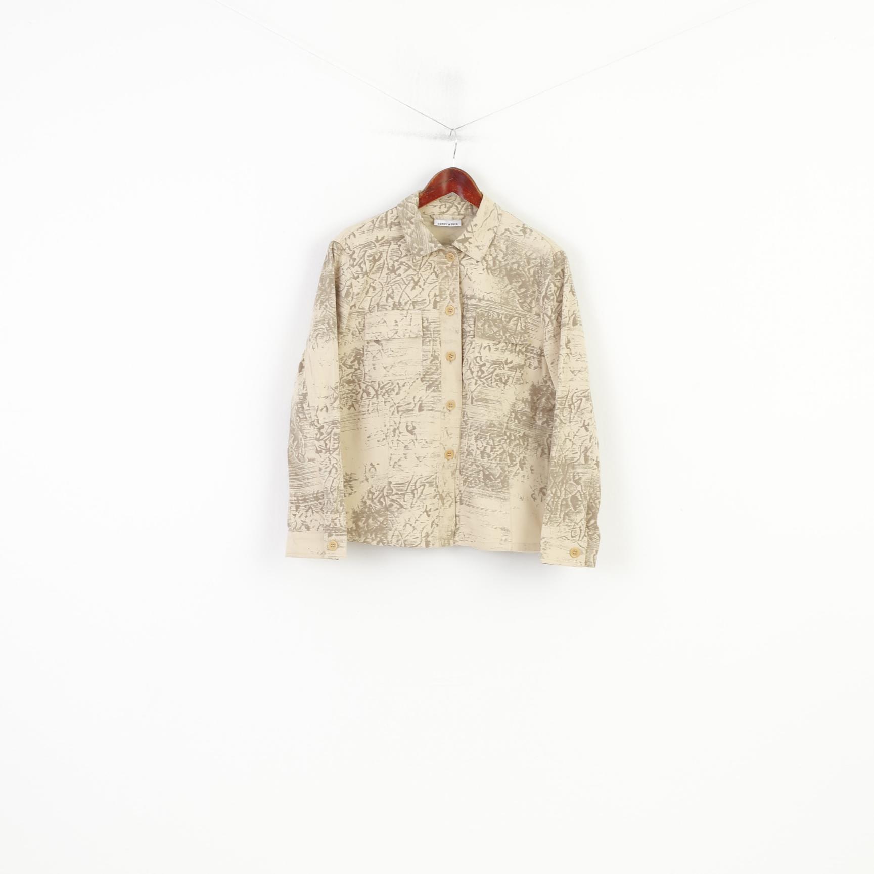 Gerry Weber Women 14 40 Blazer Beige Cotton Western Printed Buttoned Country Collar Vintage Jacket