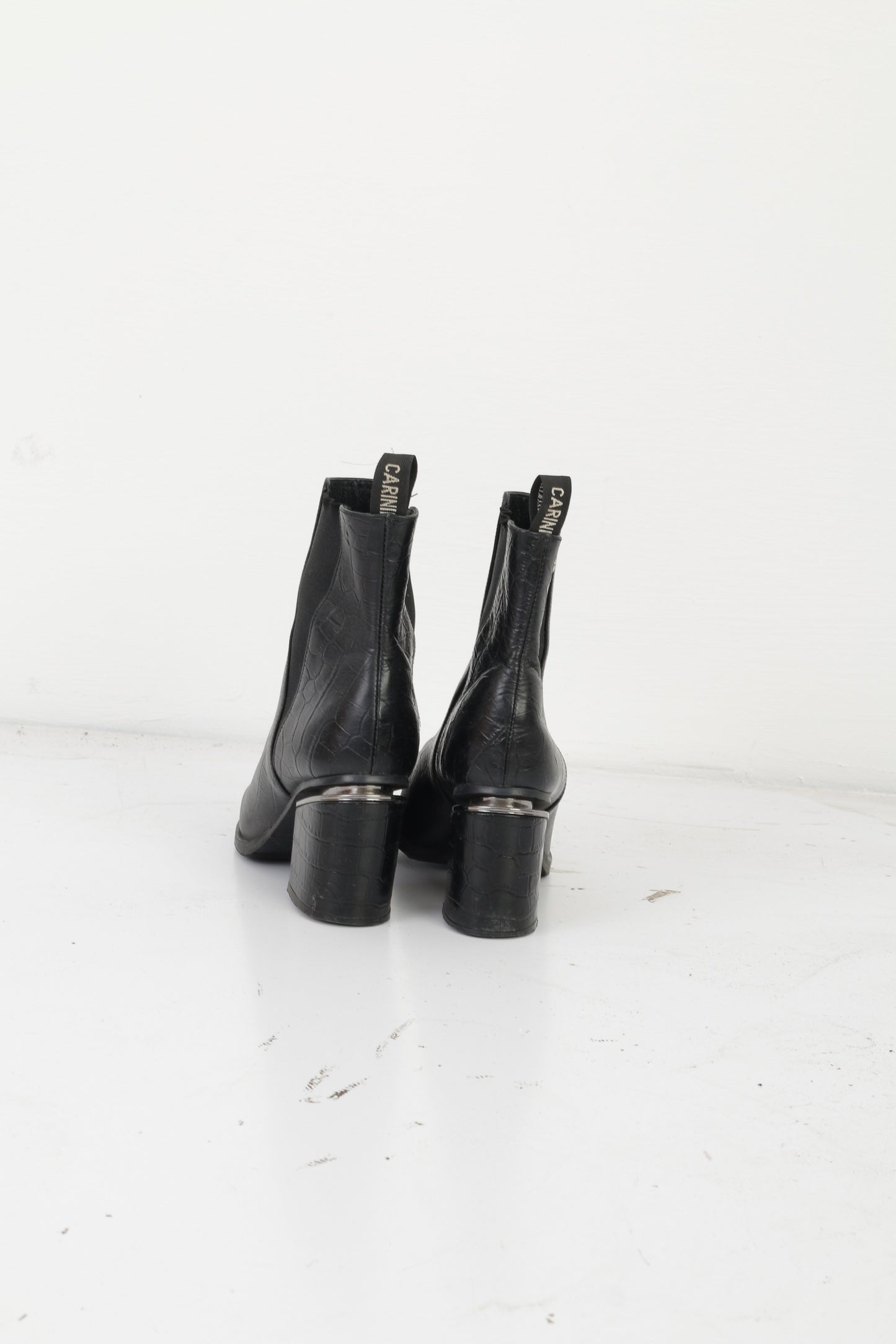 Carinii Women 39 Heeled Booties Black Leather Shiny Snake Shoes