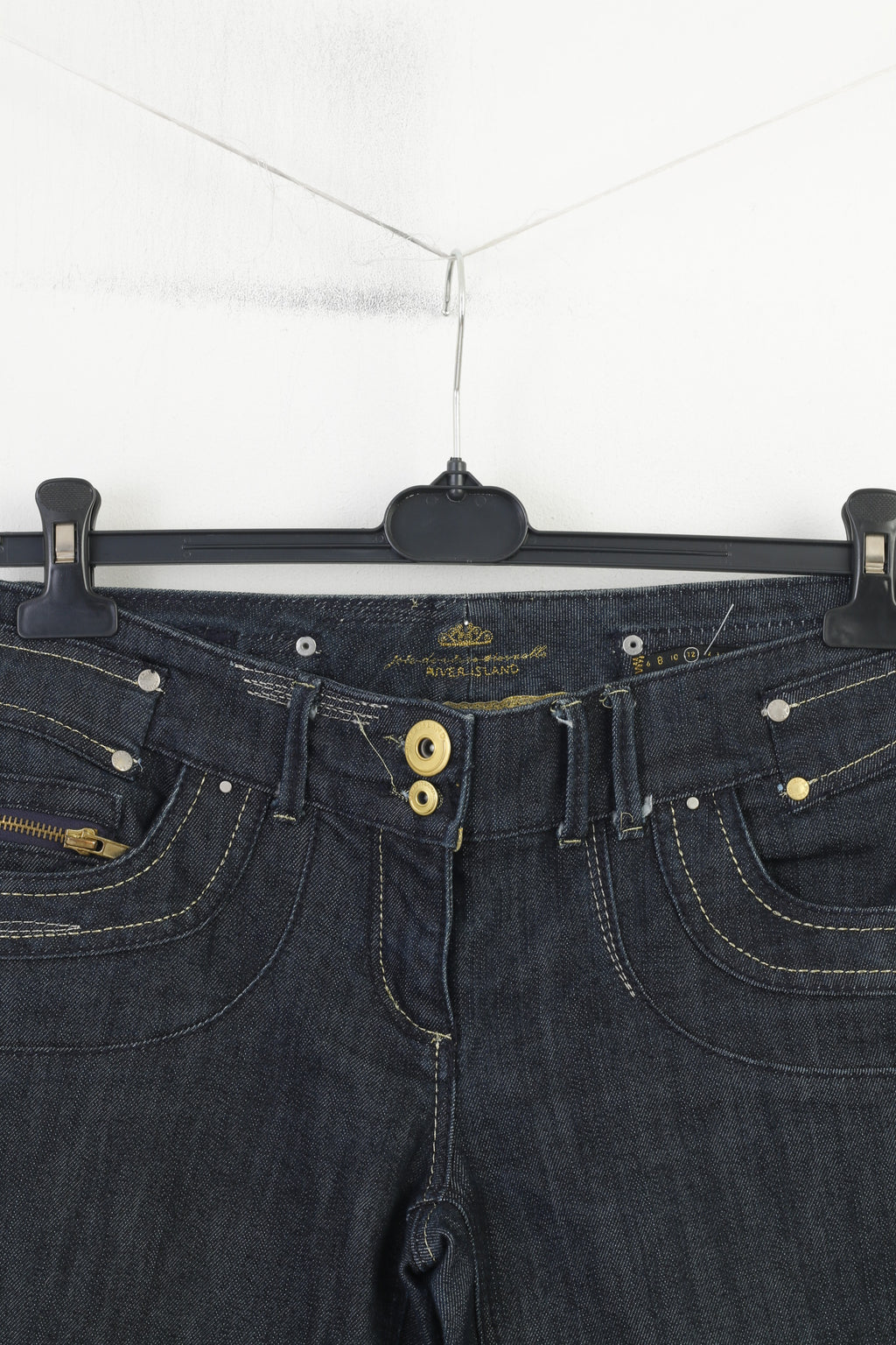 River Island Women 12 38 Jeans Trousers Navy Cotton  Gold Detailed  Original Pants