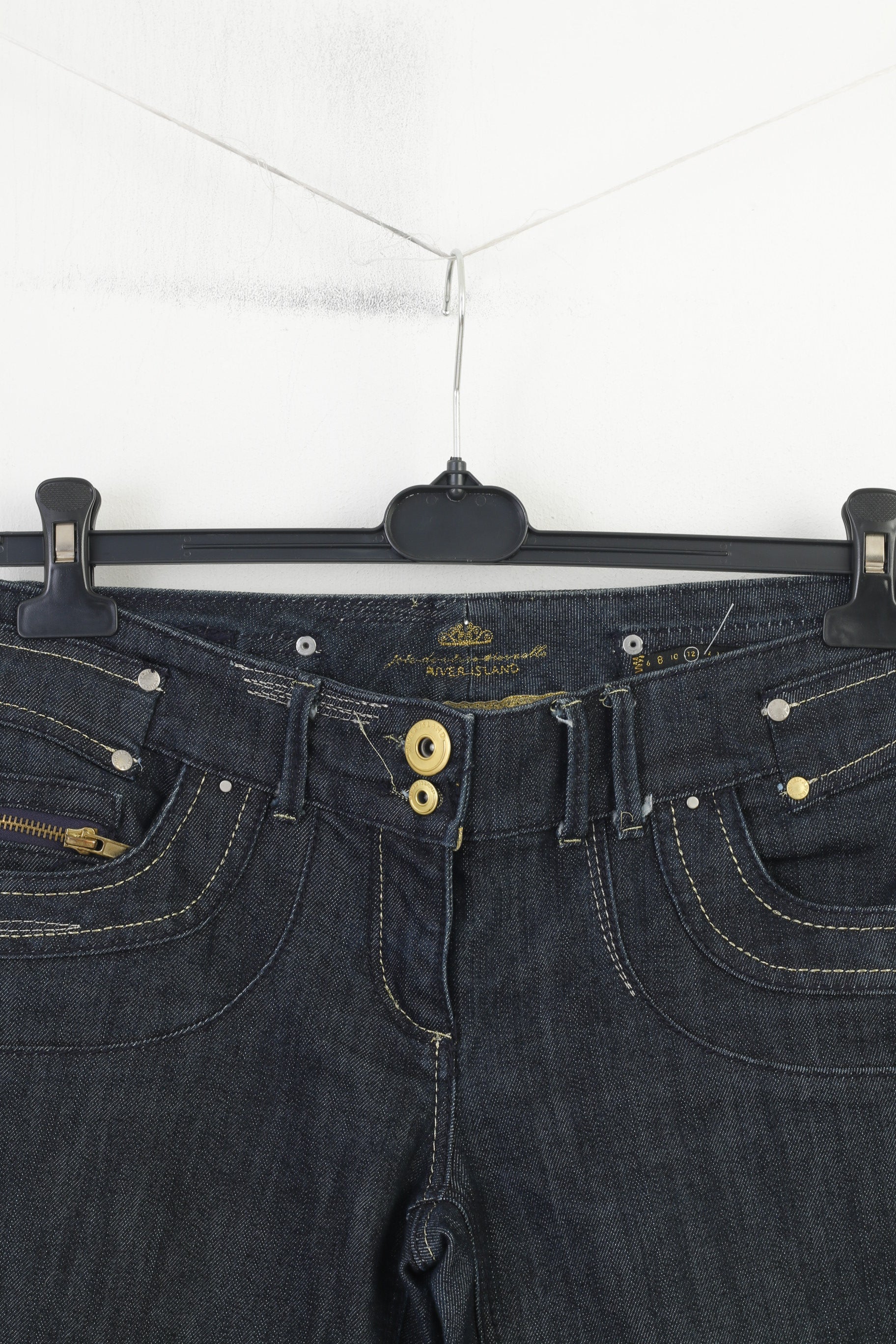 River Island Women 12 38 Jeans Trousers Navy Cotton  Gold Detailed  Original Pants