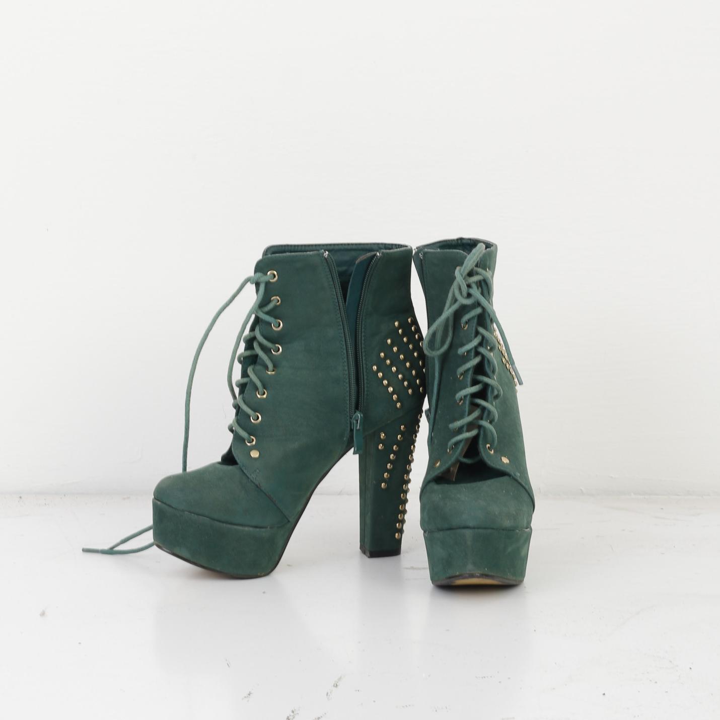 Women 38 Platform High Heels Green Gold Studded Booties Shoes