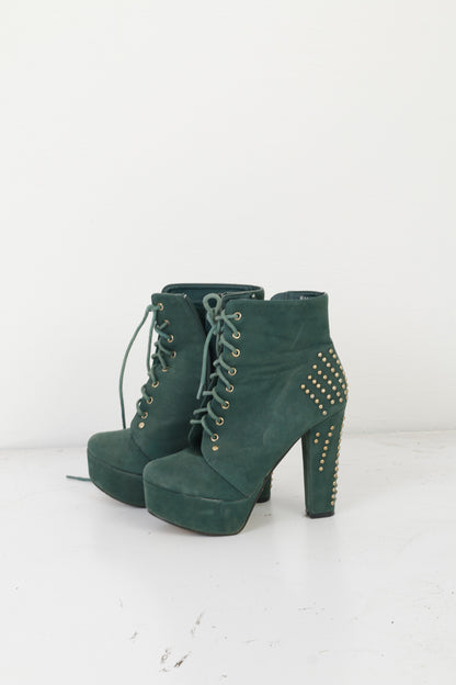 Women 38 Platform High Heels Green Gold Studded Booties Shoes