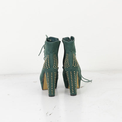 Women 38 Platform High Heels Green Gold Studded Booties Shoes