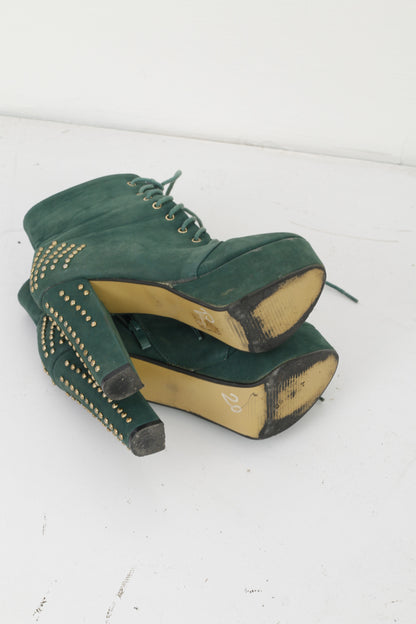 Women 38 Platform High Heels Green Gold Studded Booties Shoes