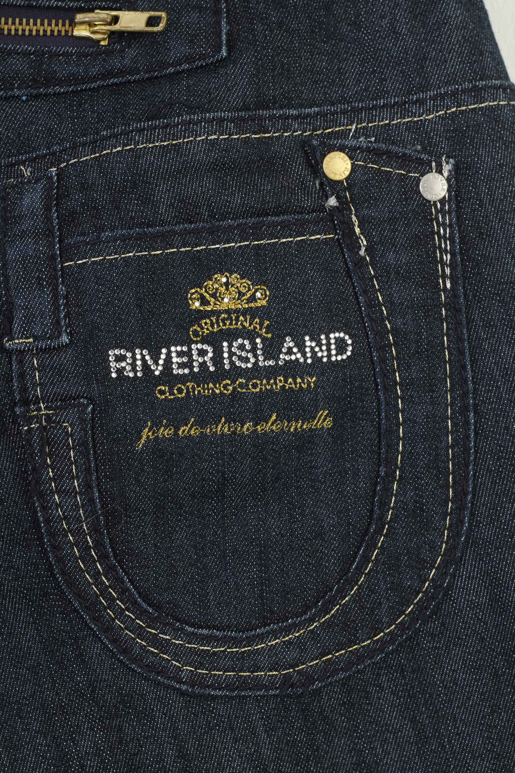 River Island Women 12 38 Jeans Trousers Navy Cotton  Gold Detailed  Original Pants