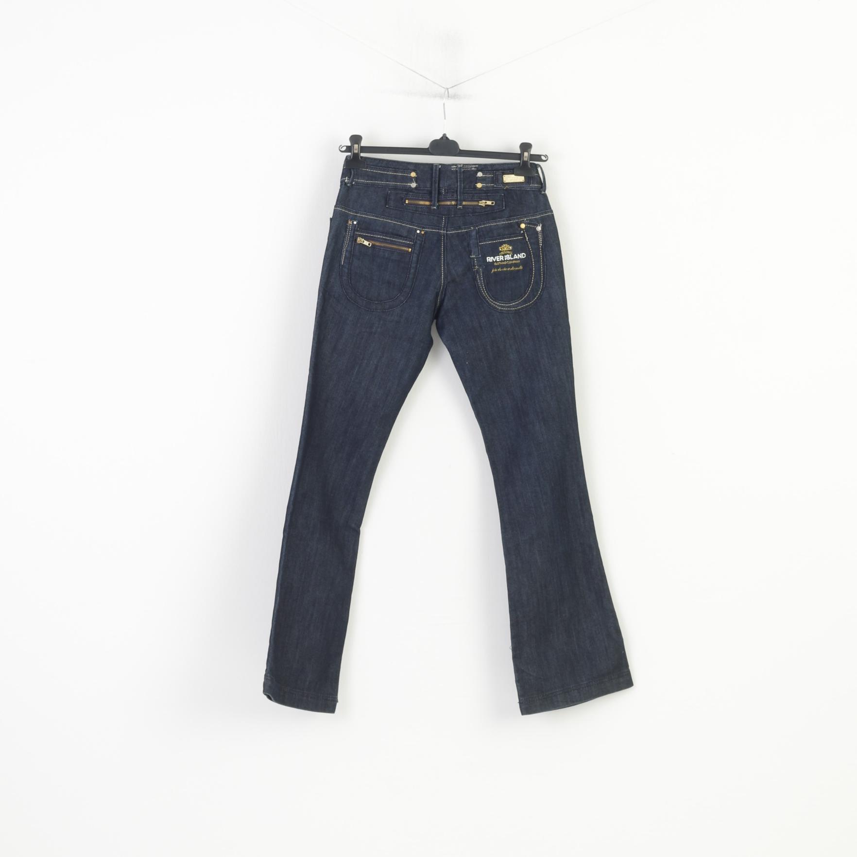 River Island Women 12 38 Jeans Trousers Navy Cotton  Gold Detailed  Original Pants