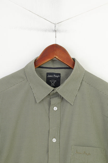 James Pringle Men L Casual Shirt Green Checkered Detailed Buttons Short Sleeve Top