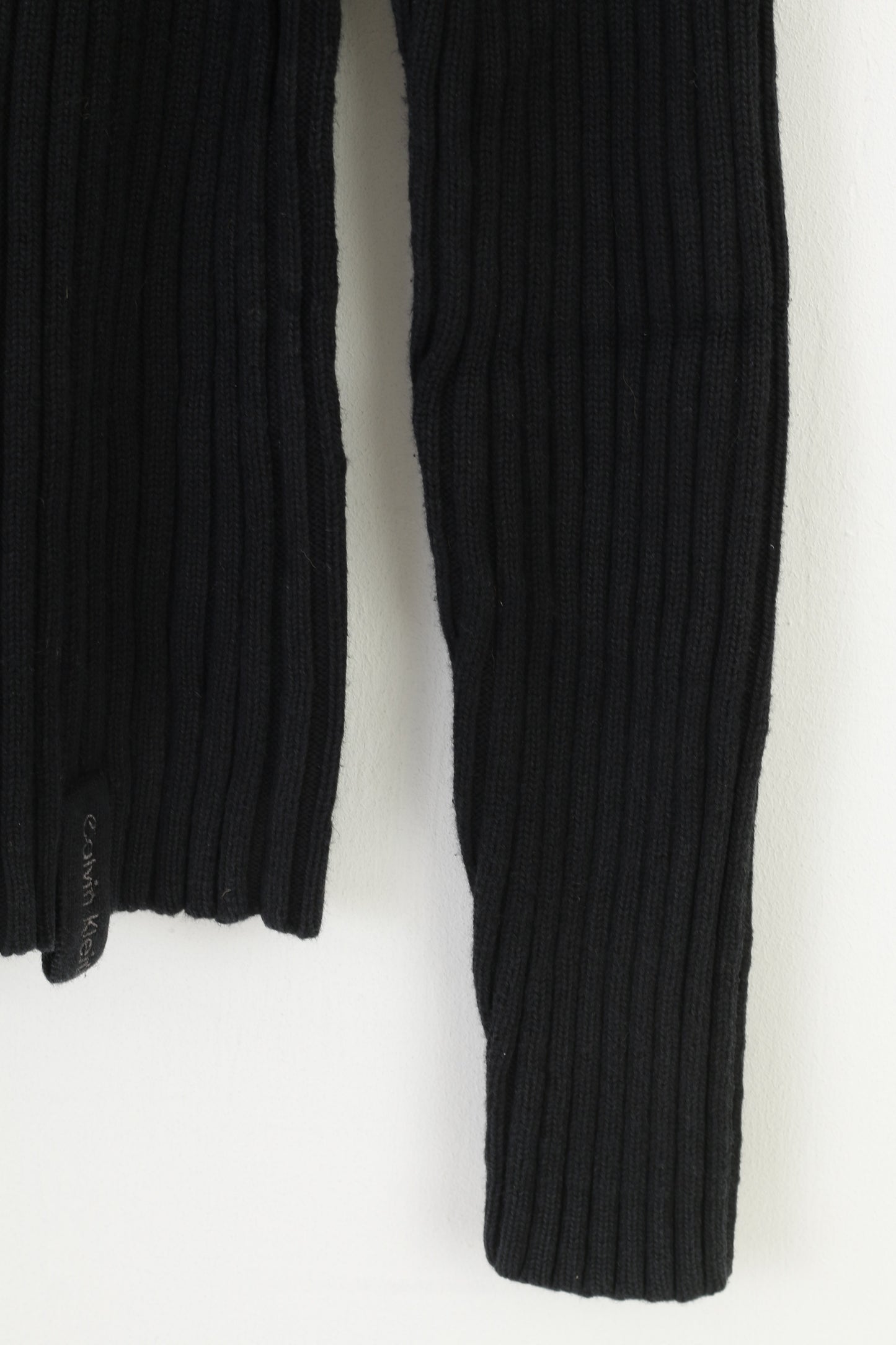 Calvin Klein Jeans Women M Jumper Black Cotton Striped Full Zipper Stretch Sweater Vintage Top