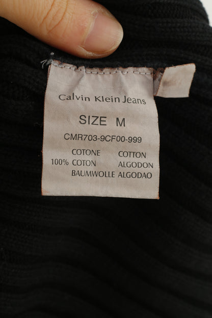 Calvin Klein Jeans Women M Jumper Black Cotton Striped Full Zipper Stretch Sweater Vintage Top