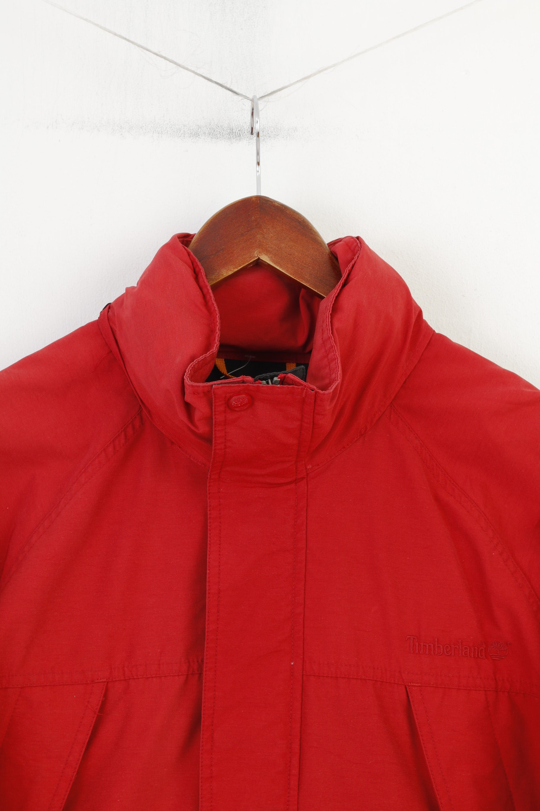 Timberland Men L Jacket Red Full Zipper Vintage Hood Outwear Cotton Nylon Pockets Top